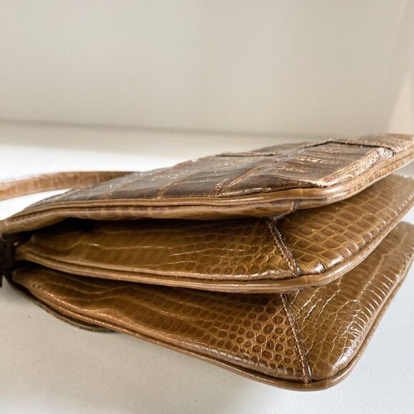 Vintage 50s 60s Faux Croc Skin Brown Square Handbag - Picture 7 of 8